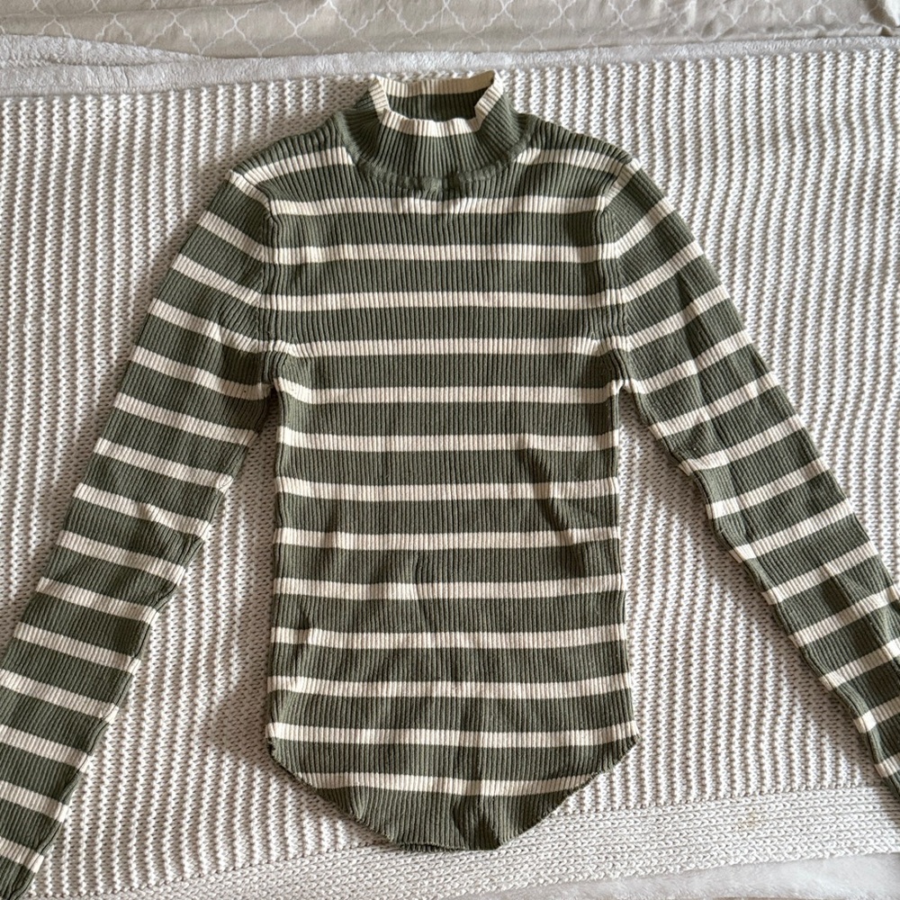 Stradivarius Olive and Cream Striped Sweater